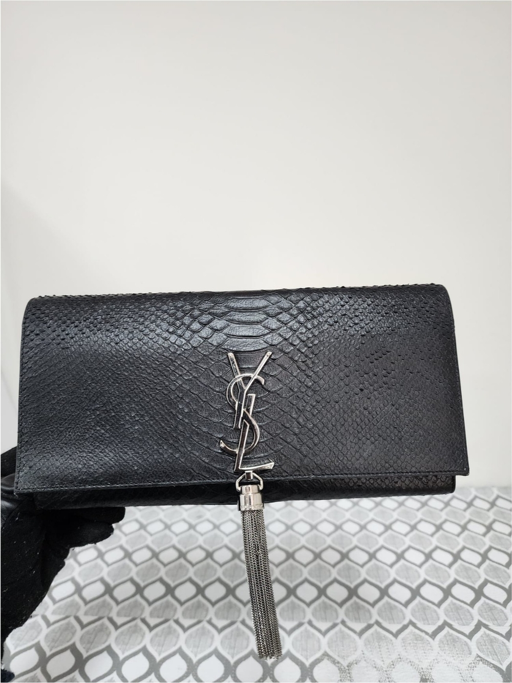 YVES SAINT LAURENT Croc Embossed Leather Tassel Kate Clutch Bag Black